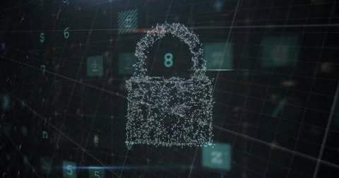 A digital lock icon composed of particles is floating in virtual space Foto stock