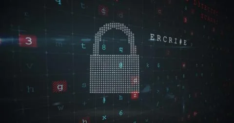 A digital lock icon is displayed on screen filled with various letters and Stock Photos