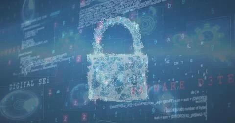 A digital lock icon is displayed on screen filled with various codes and data 写真素材