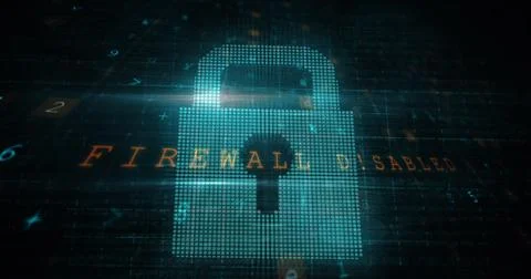 Digital lock icon with FIREWALL DISABLED text on screen Stock Photos