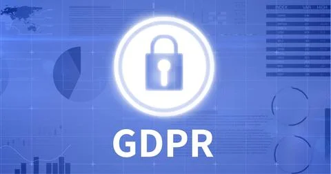 The digital lock icon with "GDPR" underscores the EU's strict data privacy and Stock Photos