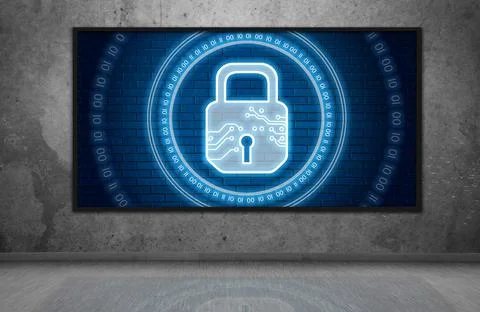 Digital lock icon interface with circle binary numders on digital screen. Stock Photos