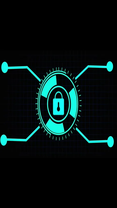 Digital lock icon with interface elements on dark grid. Digital security lo.. Stock Footage 344843750