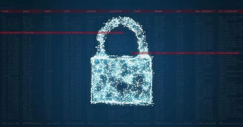 Digital lock icon made of glowing particles with red lines intersecting Foto stock