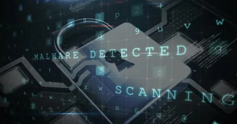 Digital lock icon with Malware Detected text overlay Stock Photos