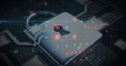 Digital lock icon with malware detection text and scanning symbols overlay Stockfoto's