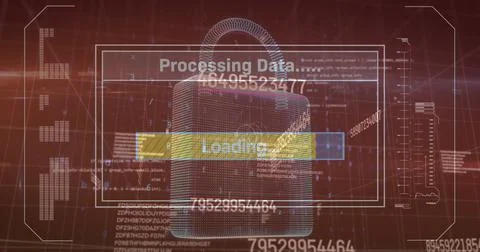 Digital lock icon with Processing Data and Loading text overlaying complex Stock Photos