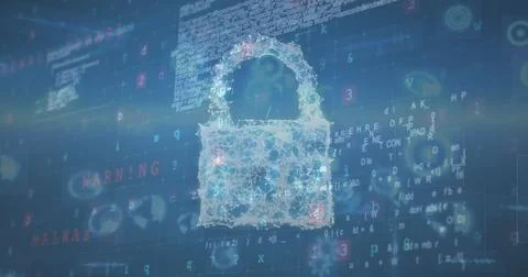 Digital lock icon surrounded by code and warning messages Foto stock