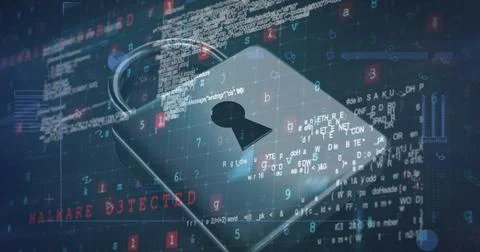 A digital lock icon surrounded by various codes and text MALWARE DETECTED Stock Photos