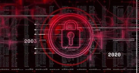 Digital lock icon symbolizing cybersecurity over data and numbers in animation Stock Footage 303563952