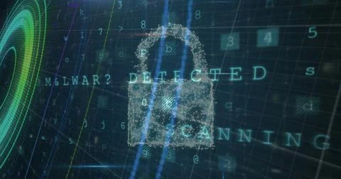 Digital lock icon with text Malware Detected and Scanning on dark background 写真素材