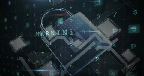 Digital lock icon with warning text overlaying dark background filled with code Stock Photos