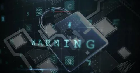 A digital lock icon with word WARNING displayed prominently on dark screen 스톡 사진
