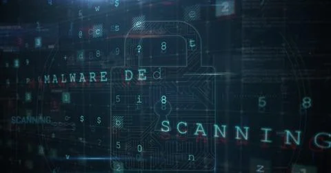 Digital lock icon with words Malware Detection and Scanning overlaying dark Stock Photos