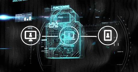 Digital lock interface showing secure data transfer technology on connected Stock Illustration