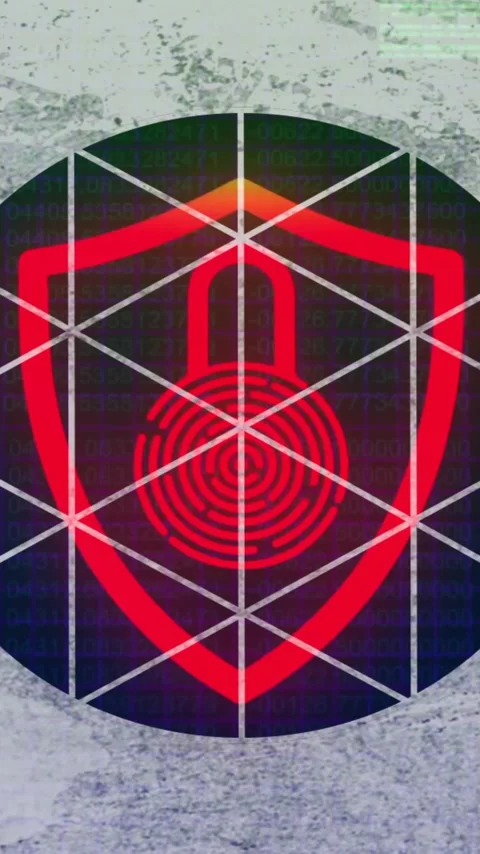 Digital lock on red shield with geometric pattern, animation style background Stock Footage 344370312