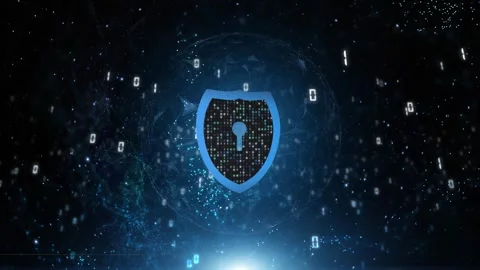 Digital lock shield and sphere with binary data on dark blue cyberspace back Video stock 341899492