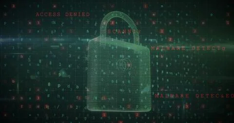 A digital lock is surrounded by red text reading ACCESS DENIED and MALWARE 写真素材