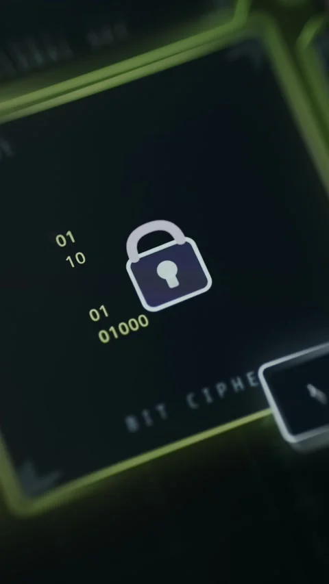 Digital lock symbol surrounded by binary code representing BIT CIPHER Stock Footage 335467118