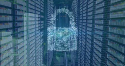 Digital lock symbolizing cybersecurity in data center with server racks Stock Photos