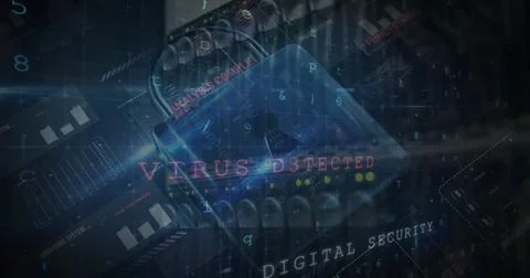 A digital lock with virus detected warning is prominently displayed Stock Photos