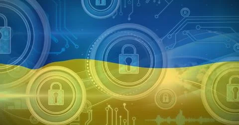 Digital locks and circuit patterns overlaying Ukraine's flag symbolize Foto stock