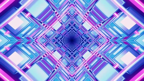 Digital looping animation of glowing neon abstract square cube grid tunnel Video stock 317138285