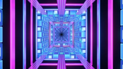 Digital looping animation of glowing neon abstract square cube grid tunnel 動画素材 317138288