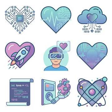 Digital love, AI technology and futuristic heart concept flat icon set. Illustrazione stock