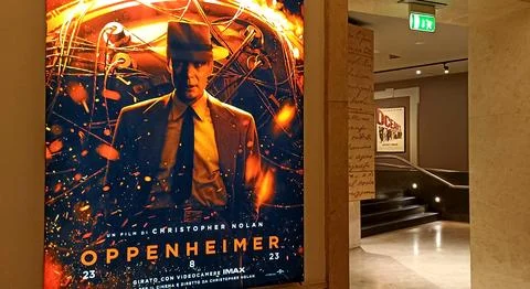 Digital luminous poster of Christopher Nolan's film, Oppenheimer Stock Photos