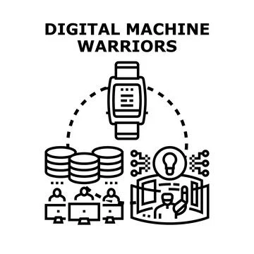 Digital machine warriors collaborating in virtual reality Stock Illustration