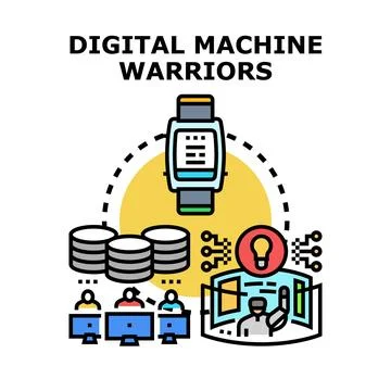 Digital machine warriors collaborating in virtual reality Stock Illustration