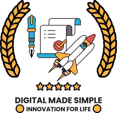 A digital made simple logo with a pen and a paper with a rocket on it Stock Illustration