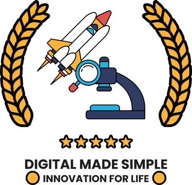 A digital made simple logo with a rocket and a microscope Stock Illustration