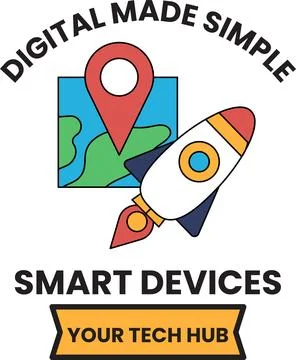 A digital made simple smart devices logo with a rocket on it Stock Illustration