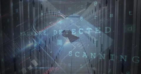 Digital malware detection and scanning text overlaying server room Stock Photos