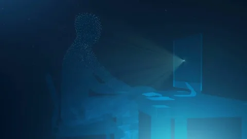 Digital Man Forms Rotates Working at a Computer Video stock 73044759