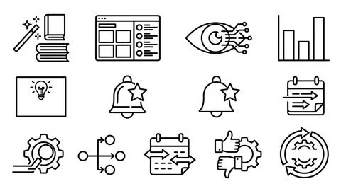 Digital management software and productivity line icons for business. Stock Illustration