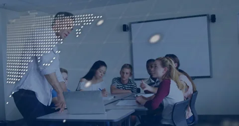Digital map with code overlay fading, teacher tapping laptop to start lesson, Stock Footage 316190714