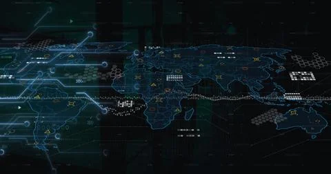 Digital map displaying data points and connections on blue background Stockfoto's