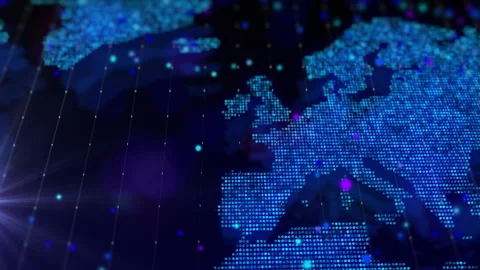 Digital map of Europe in the form of a bright glowing particle composition Video stock 246423363