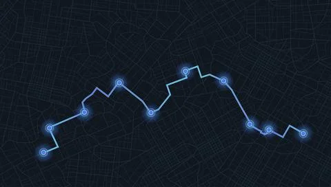 Digital map with glowing blue route line and connected nodes. Vector Stock Illustration