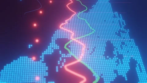Digital map with glowing dots, red and green data lines, and grid visualization Video stock 296311637