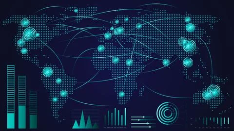 Digital map with glowing nodes and lines connecting data points globally Stock Illustration