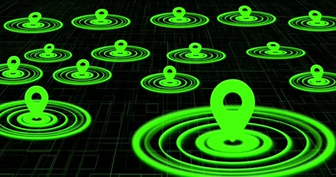 Digital map with glowing transparent color location pins, futuristic city grid b Stock Footage 337415151