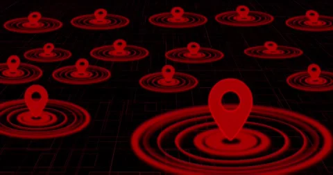 Digital map with glowing transparent color location pins, futuristic city grid b Stock Footage 337415153