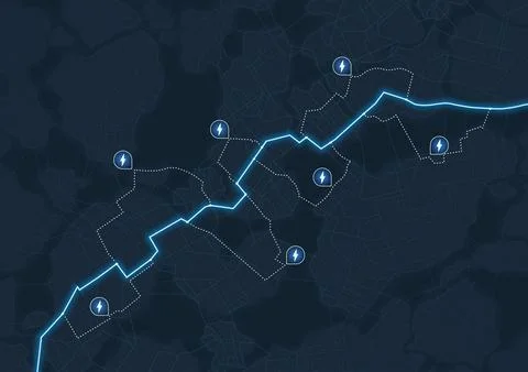 Digital map with highlighted blue line route. Map features several with power Stock Illustration