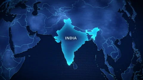 Digital Map Highlighting India With Glowing Blue Borders And Typography Stock Footage 336566427