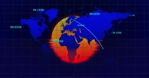 Digital map holding data labels starting arcs flowing across continents mapping Stock Footage 314744027