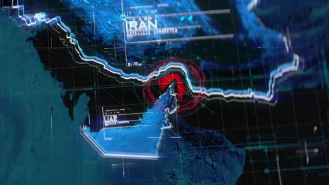 Digital map of Hormuz Strait with HUD interface, topographic relief, modern tech Stock Footage 340345839